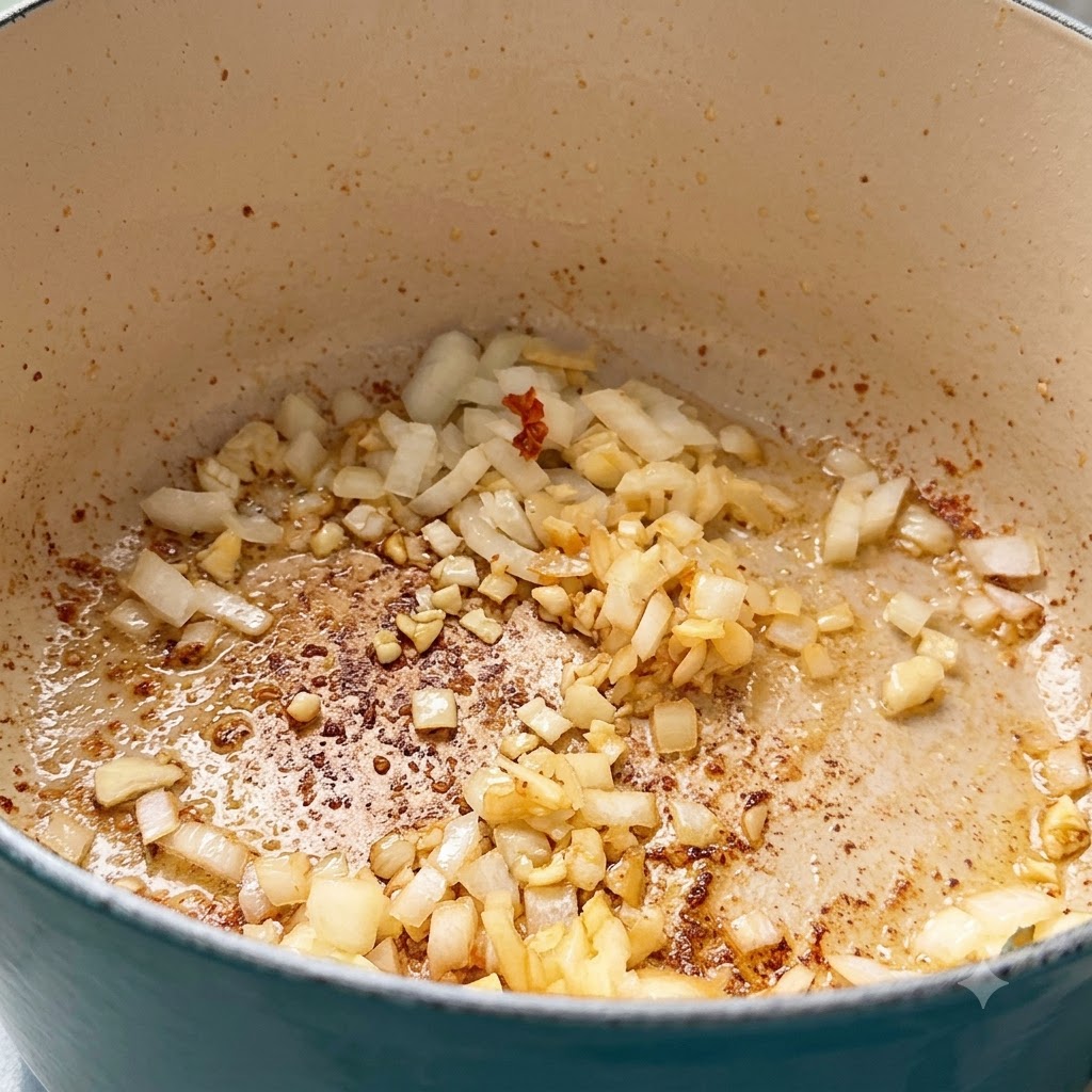 Cipolla tritata e aglio fatti soffriggere sul fondo di una pentola da cucina.