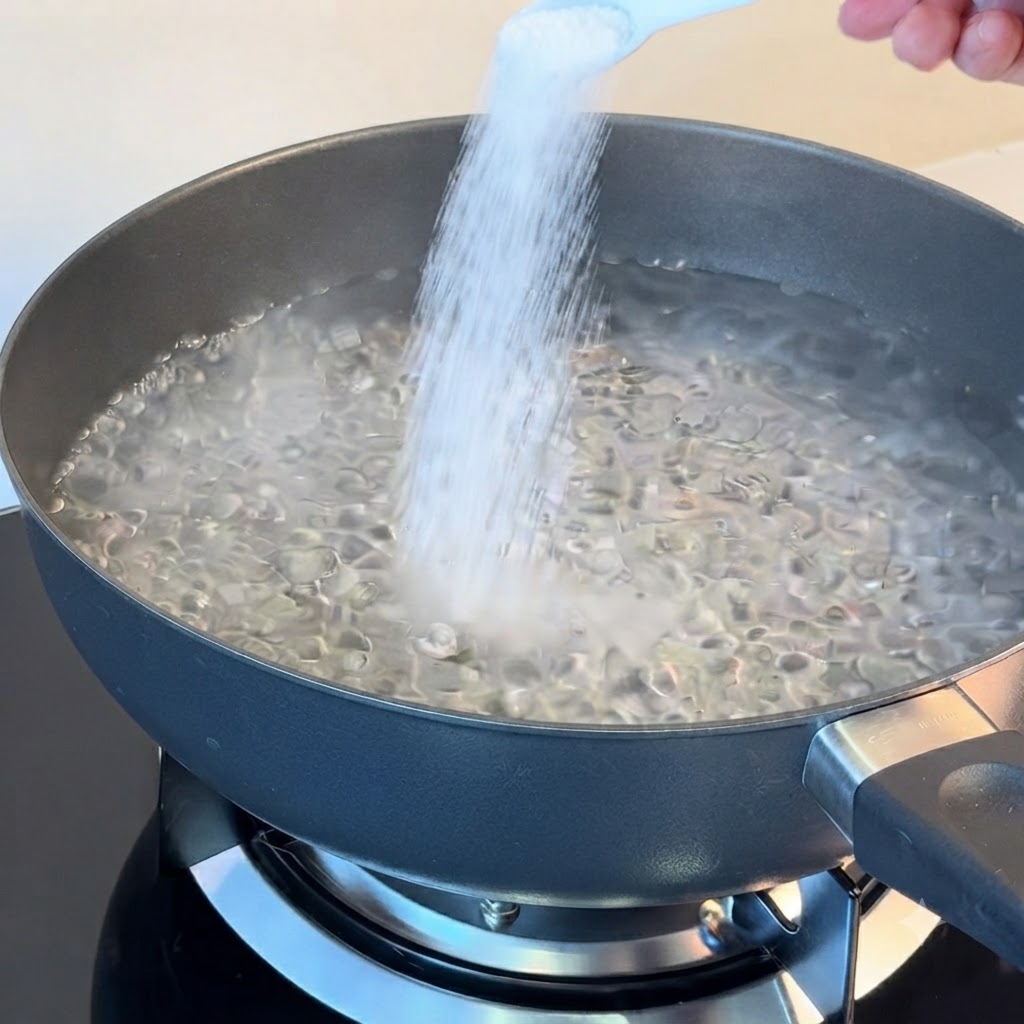 Una mano che tiene un cucchiaio bianco per versare il sale in una pentola scura di acqua bollente.