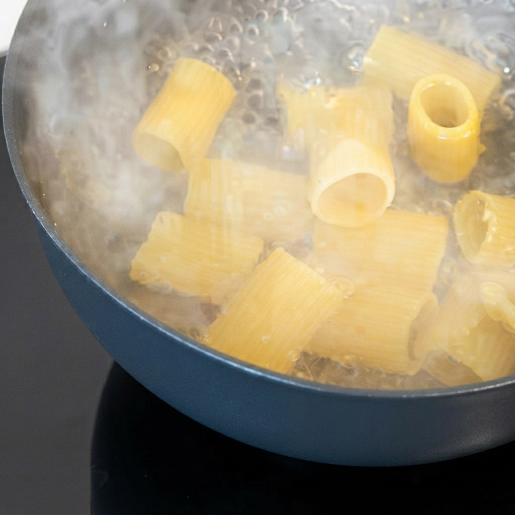 Grandi tubi di pasta secca che bollono in una pentola di acqua calda.