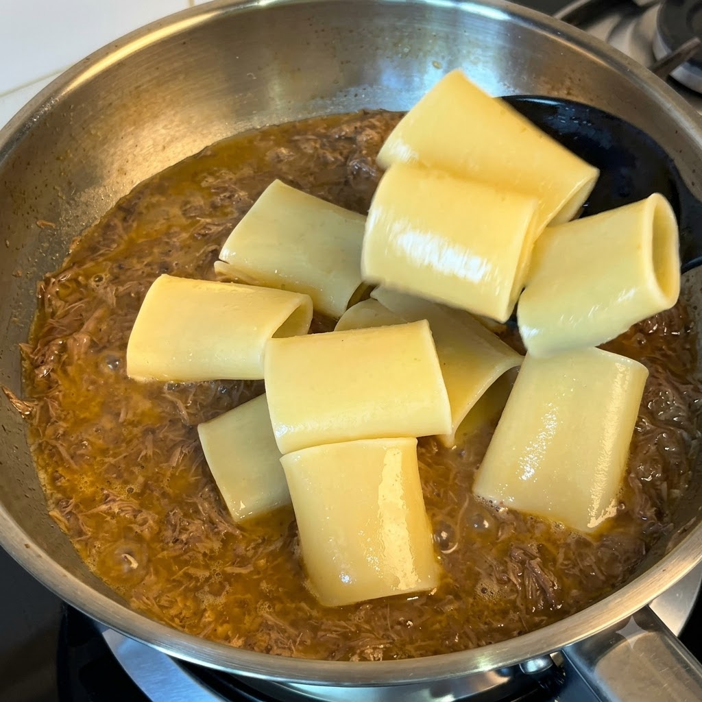 Una schiumarola nera che trasferisce la pasta cotta in una padella con la salsa di carne in ebollizione.