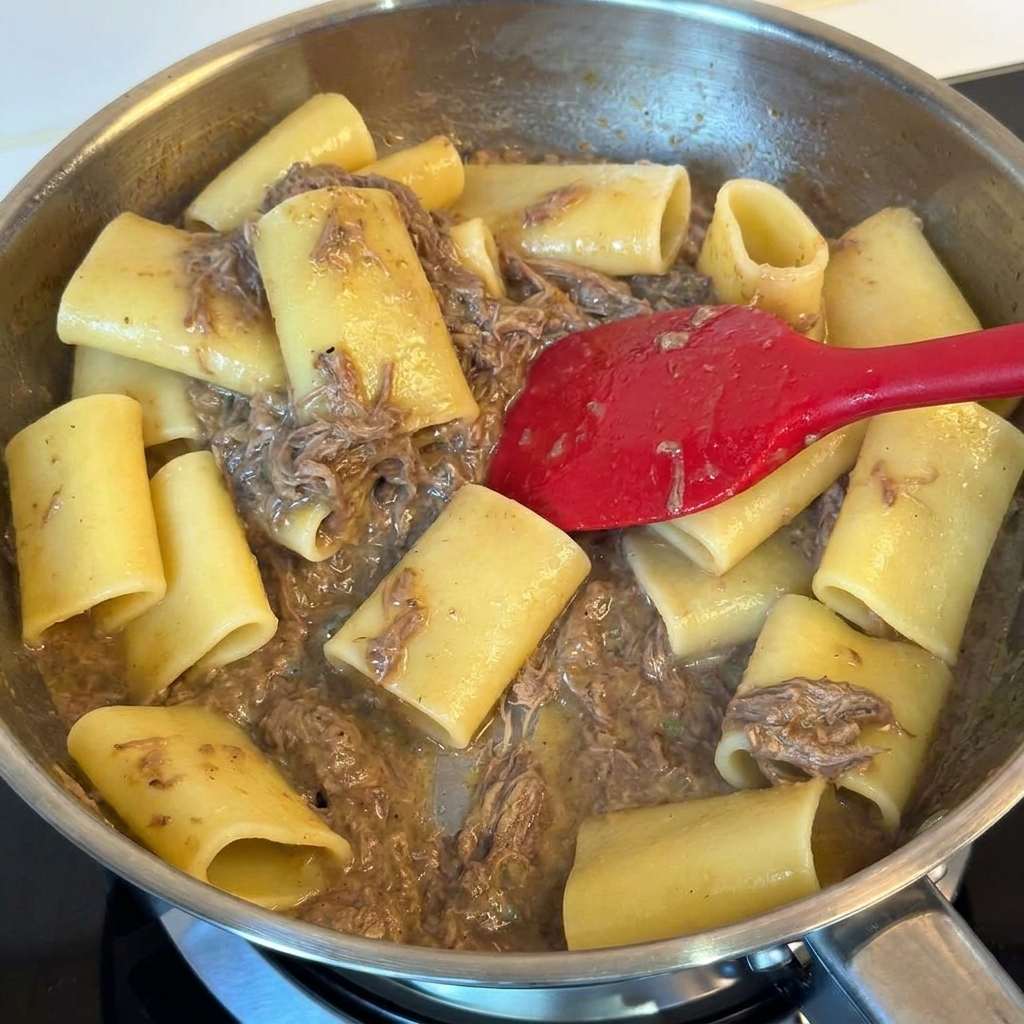 Pasta a tubo saltata con manzo sfilacciato in una padella in acciaio con una spatola rossa.