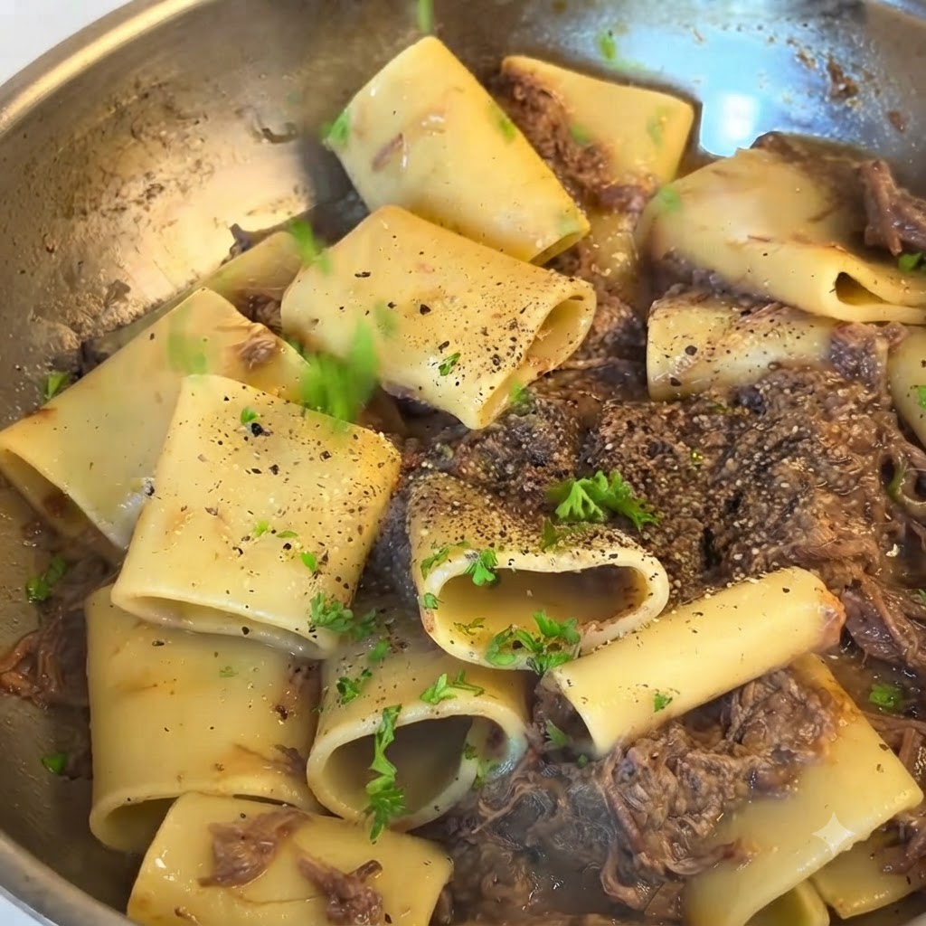 Prezzemolo fresco tritato e pepe nero spolverati sul piatto di pasta in padella.
