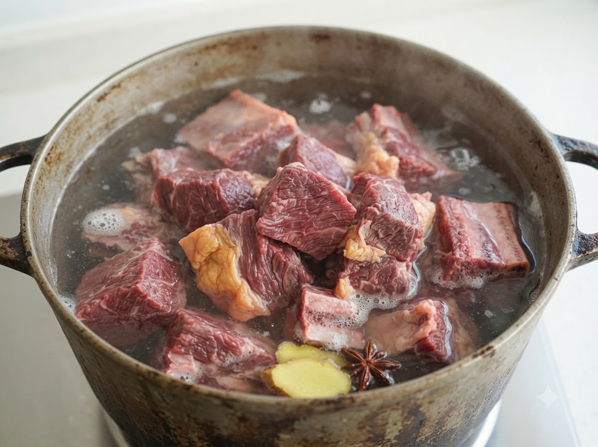 Carne di manzo cruda e zenzero che bollono in acqua con della schiuma in superficie.