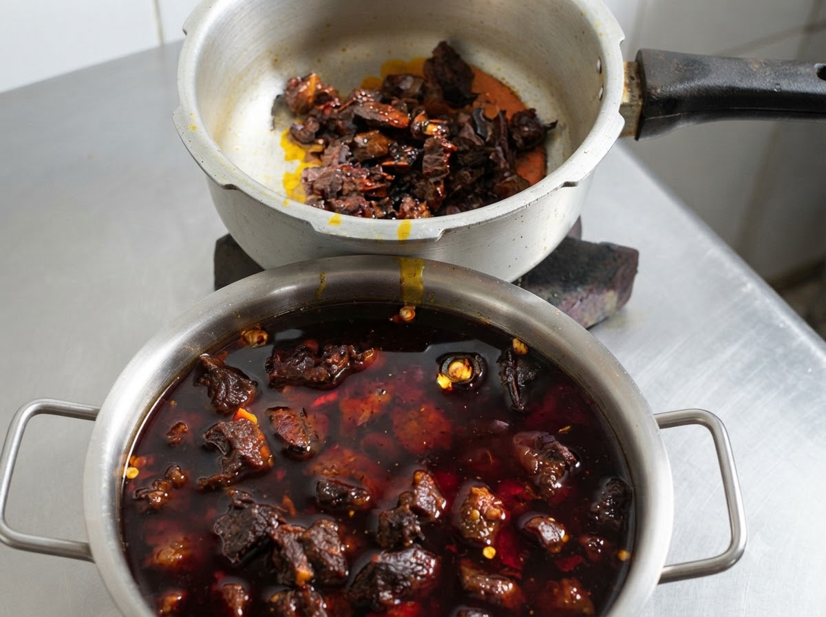 Manzo brasato e ricca salsa rossa trasferiti da un wok in un grande contenitore di metallo.