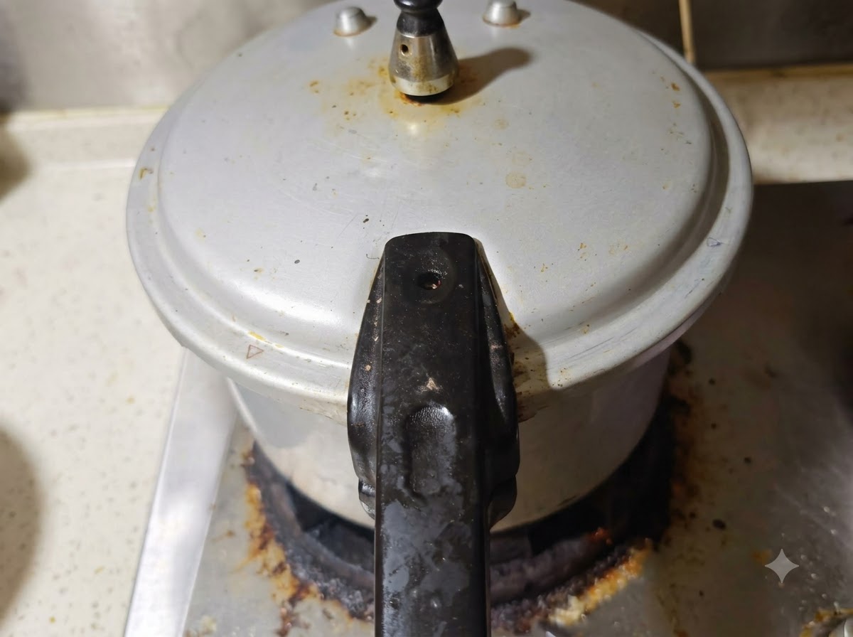 Una pentola a pressione riempita con il composto di manzo brasato, pronta per essere chiusa e cotta.