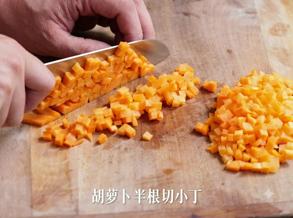 Una mano con un coltello che taglia mezza carota a piccoli cubetti uniformi su un tagliere di legno.