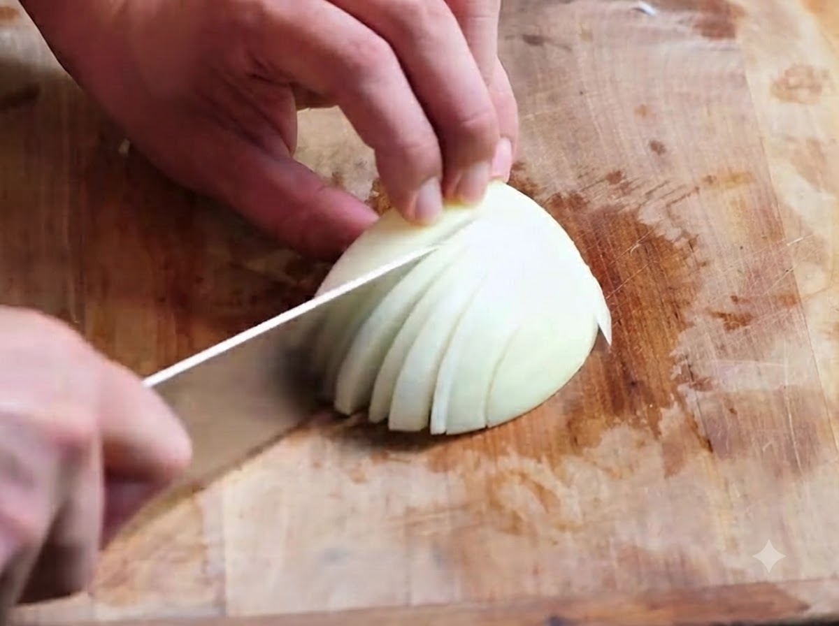 Un quarto di cipolla affettato finemente con un coltello su un tagliere di legno.