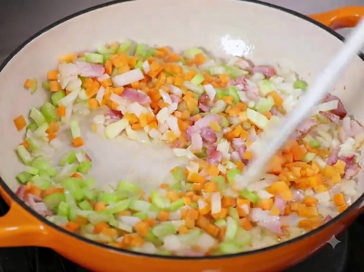 Verdure a cubetti e pancetta mescolate in padella sul fuoco.