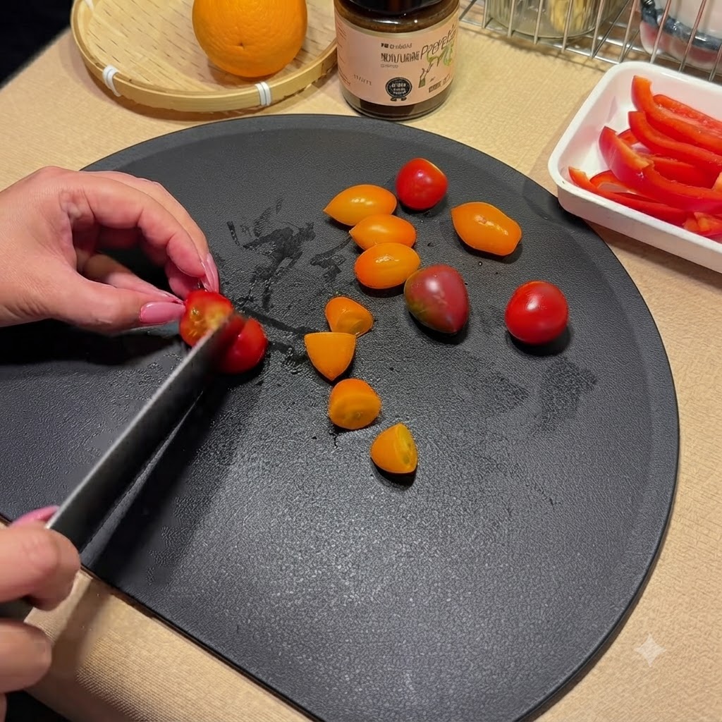 Un coltello da chef che taglia pomodorini colorati a metà su un tagliere nero.