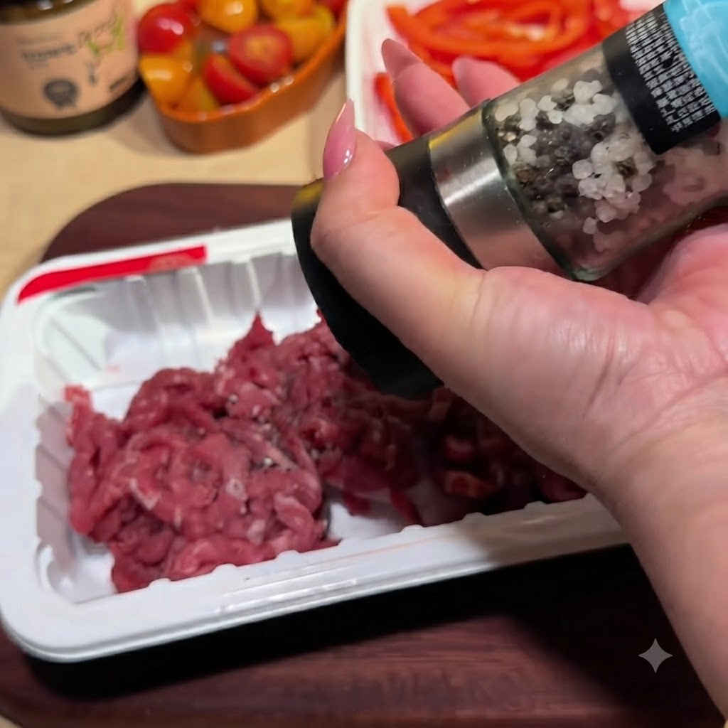 Una mano che usa un macinapepe per condire strisce di manzo crude in un vassoio di plastica bianca.