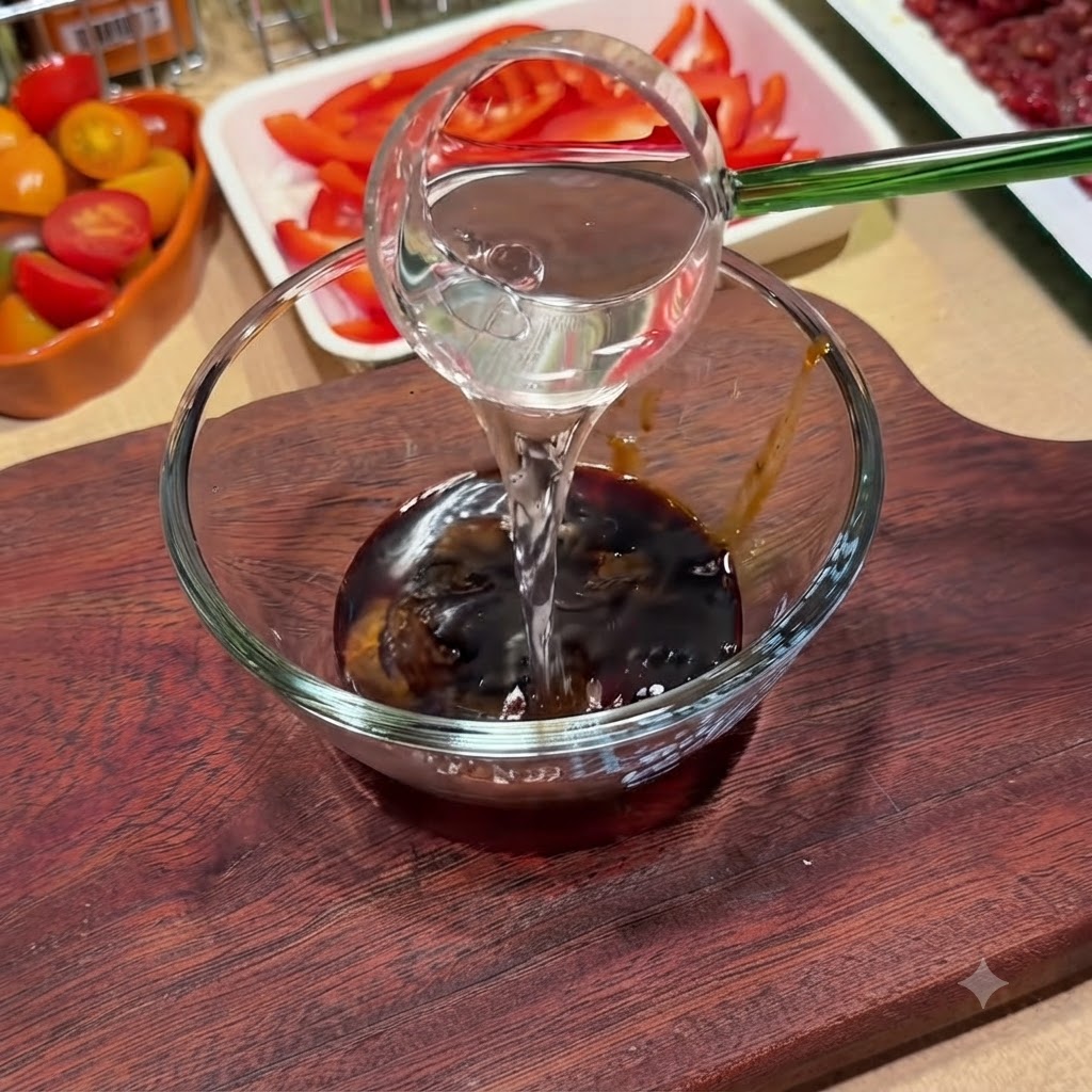 Liquido versato in una ciotola di vetro trasparente contenente gli ingredienti della salsa mescolati su un asse di legno.