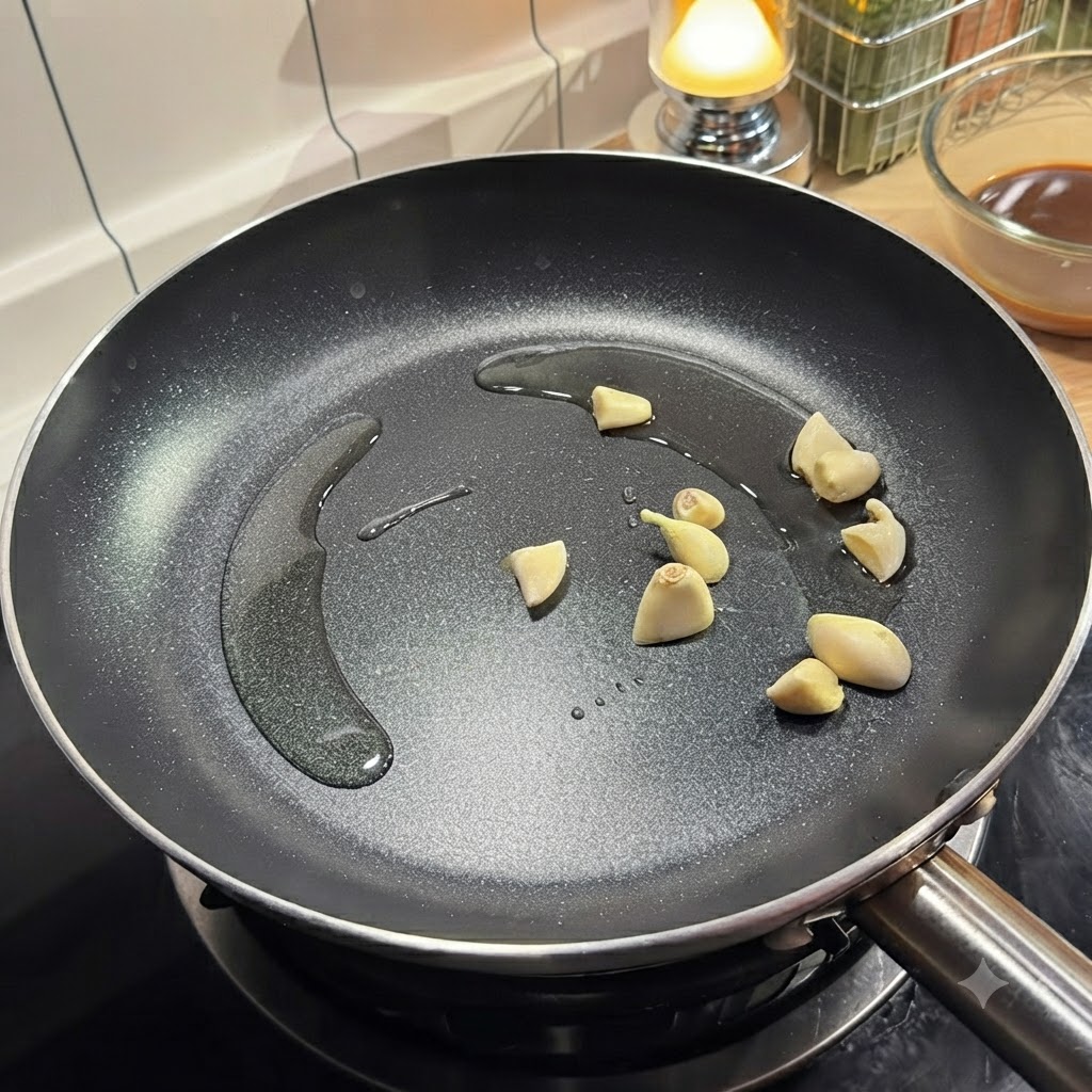 Spicchi daglio pelati che friggono nellolio da cucina allinterno di una padella nera calda.