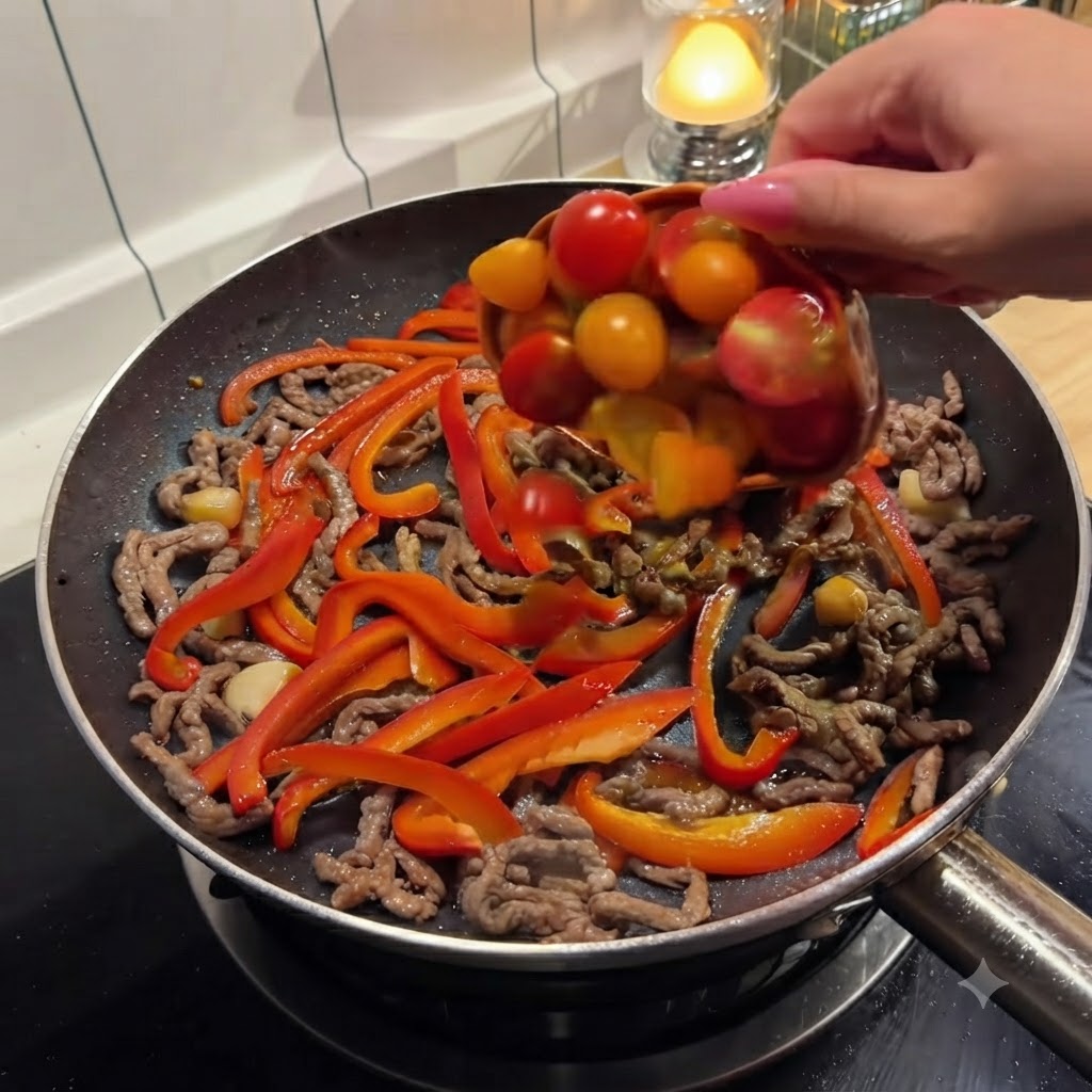 Pomodorini tagliati a metà versati da una ciotola nella padella con manzo e peperoni rossi.
