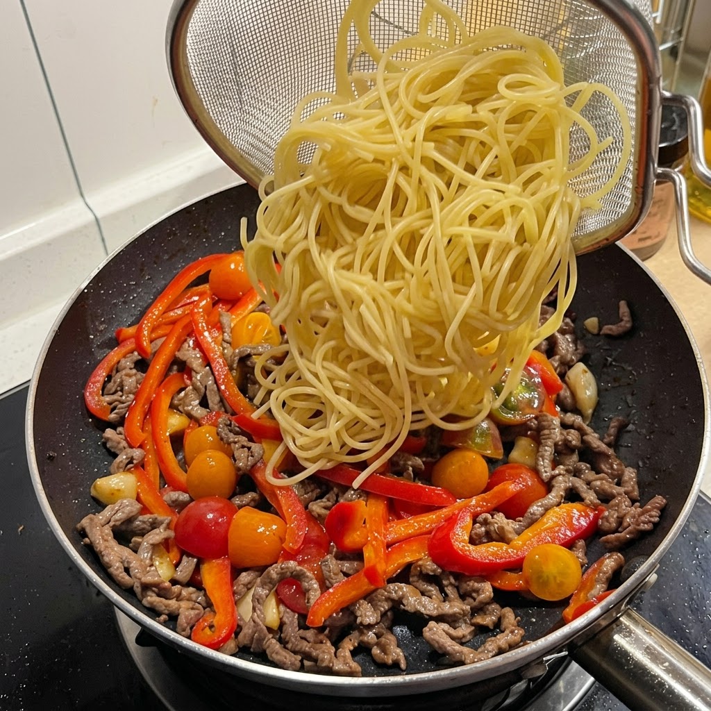 Fili di spaghetti cotti versati da un colino a maglia nella padella.