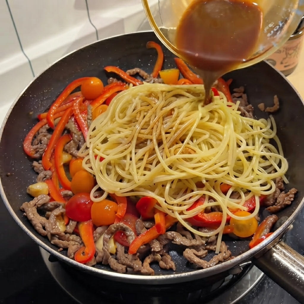 Salsa marrone scuro versata da una ciotolina sopra gli spaghetti nella padella.