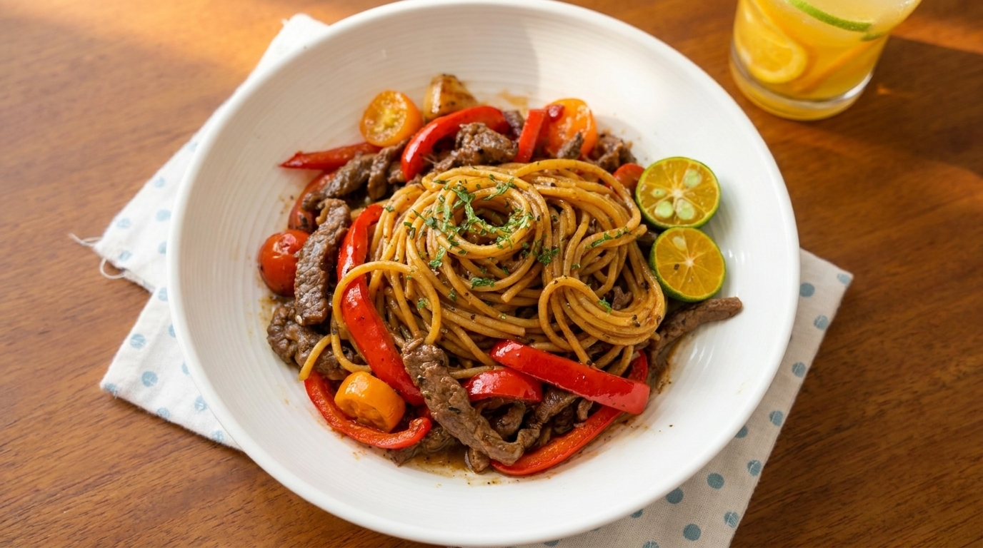 Una ciotola di pasta con manzo al pepe nero con peperoni rossi vivaci e pomodorini colorati.