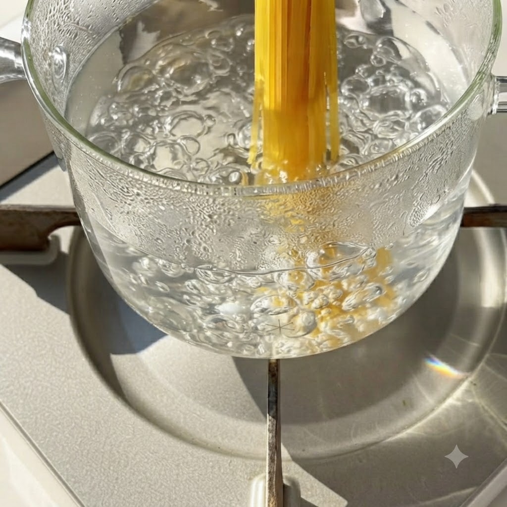 Spaghetti immersi in una pentola di vetro trasparente con acqua bollente vivace su un piano cottura.
