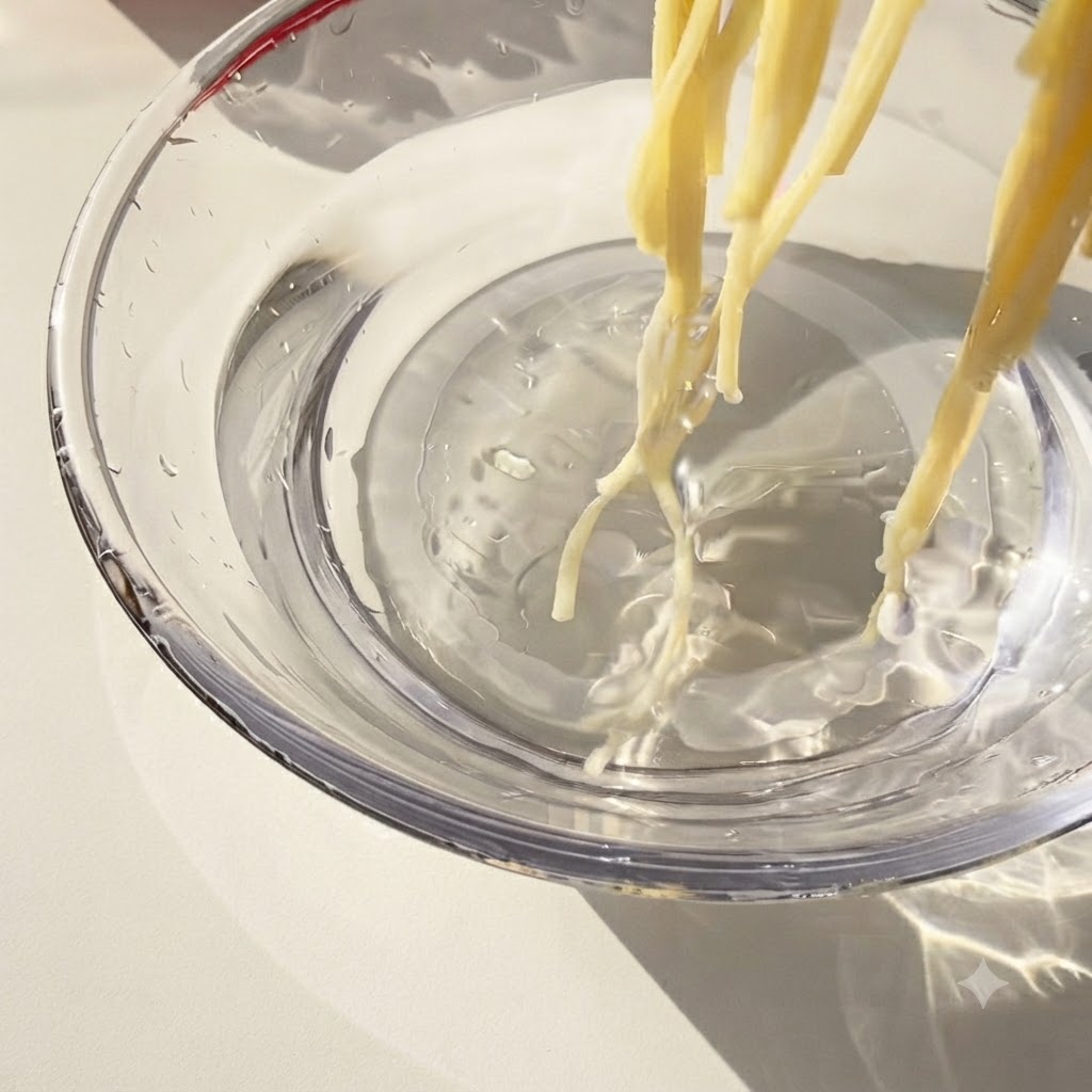 Spaghetti cotti trasferiti con le pinze in una ciotola di vetro con acqua fredda.