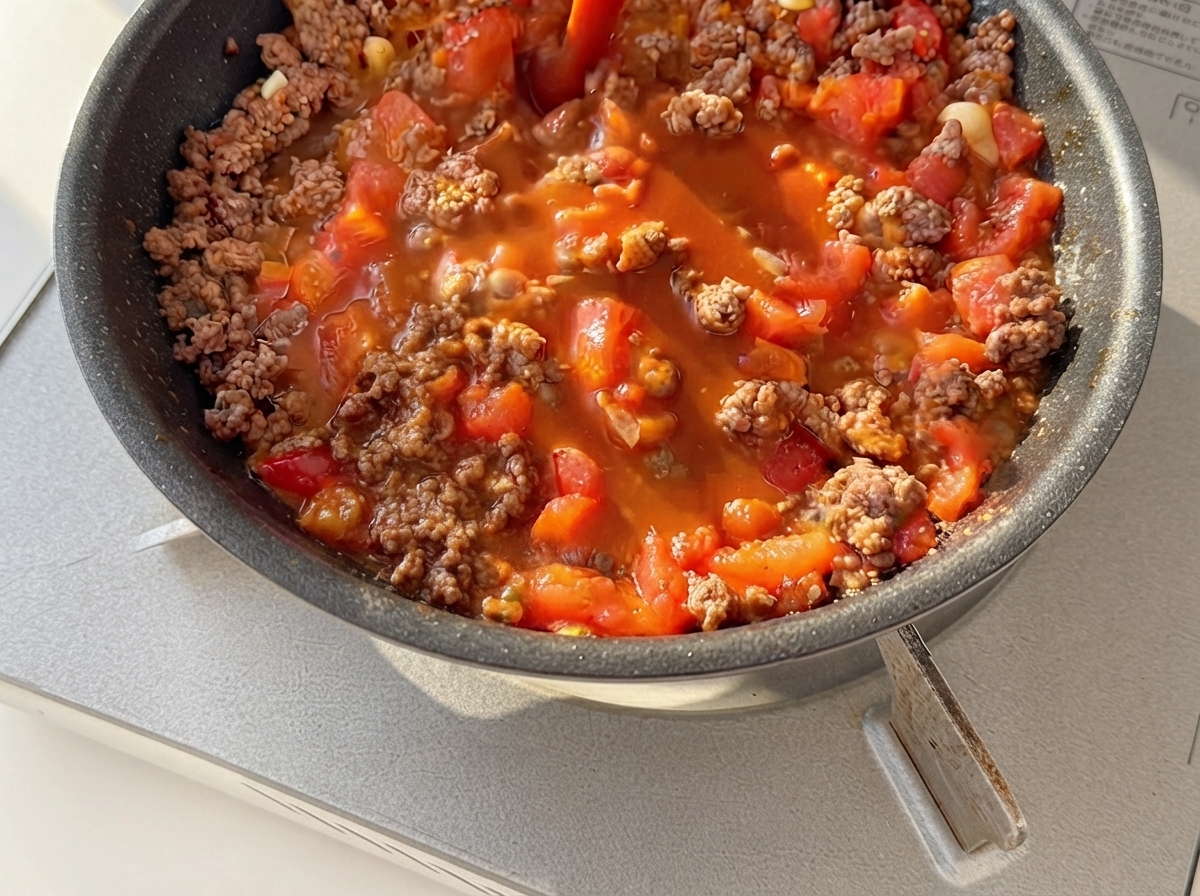 Un composto di salsa rossastra scura versato su carne macinata cotta e pomodori in una padella.