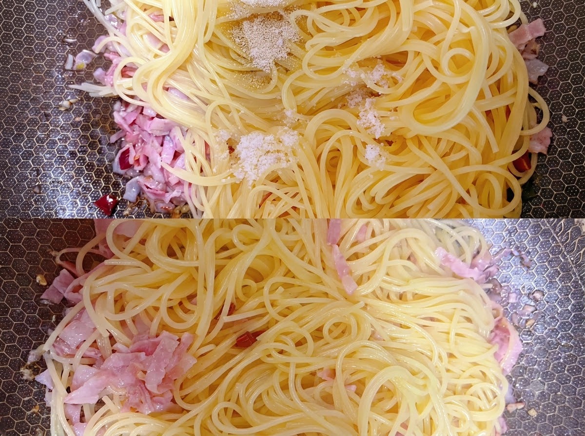 Foglie di fuki verdi tritate disposte sopra la pasta in padella.