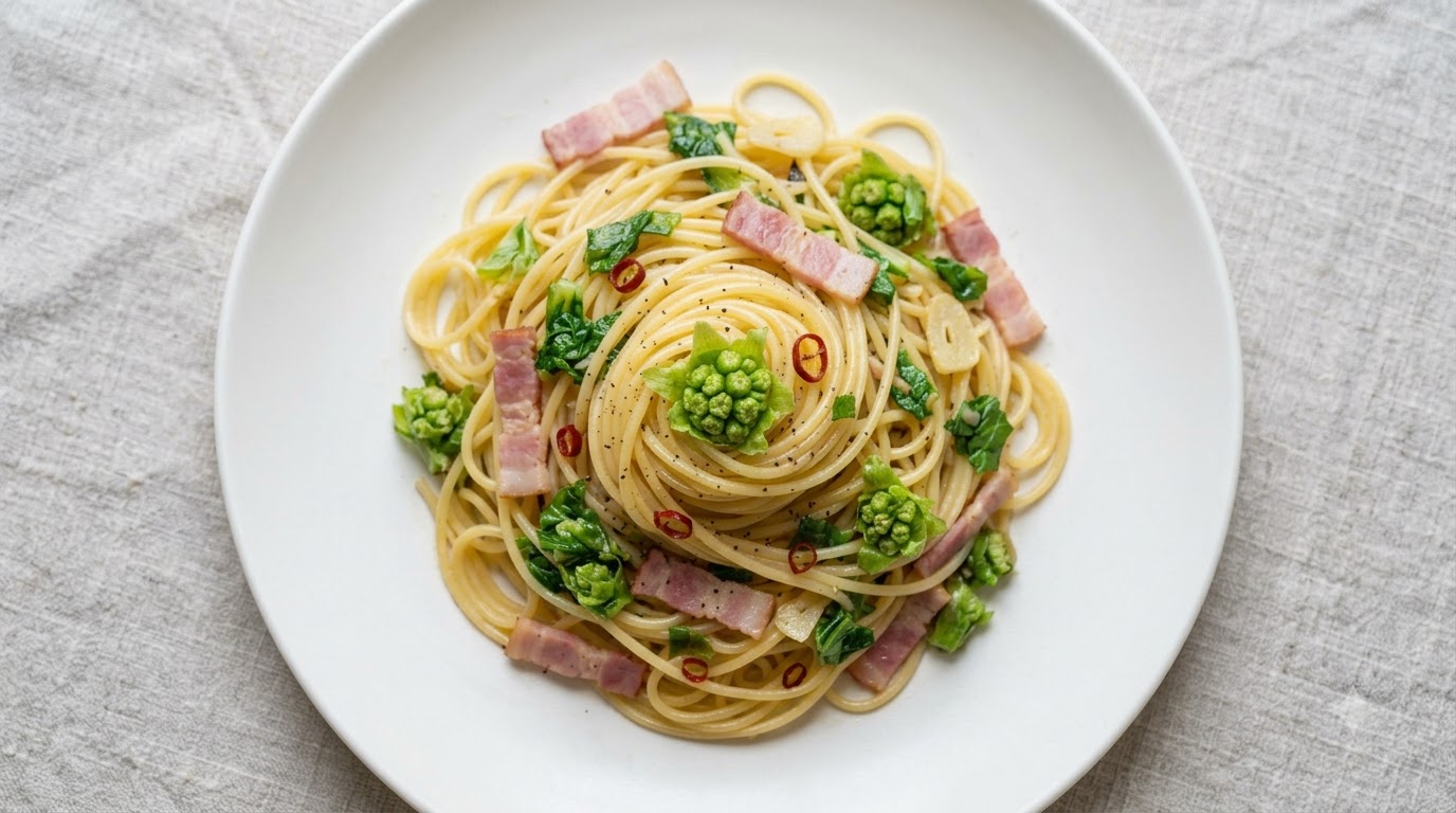 Pasta con Fuki e Pancetta all'Olio, Aglio e Peperoncino