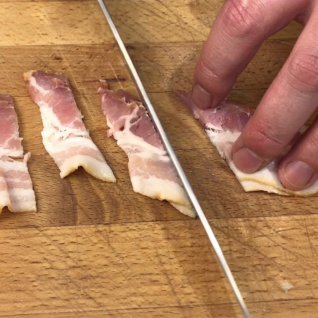 Un coltello da cucina che taglia strisce di bacon crudo su un tagliere di legno.