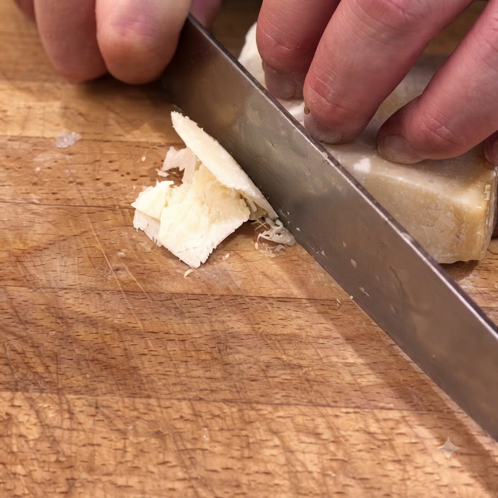 Un coltello che taglia fette di formaggio Parmigiano-Reggiano italiano su un tagliere di legno.
