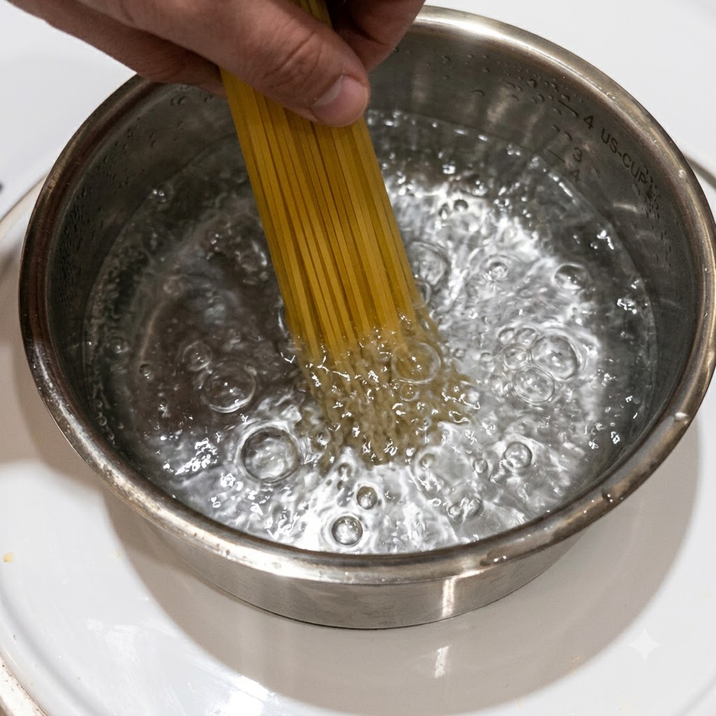 Pasta penne che bolle in una pentola di acqua calda e bollente.