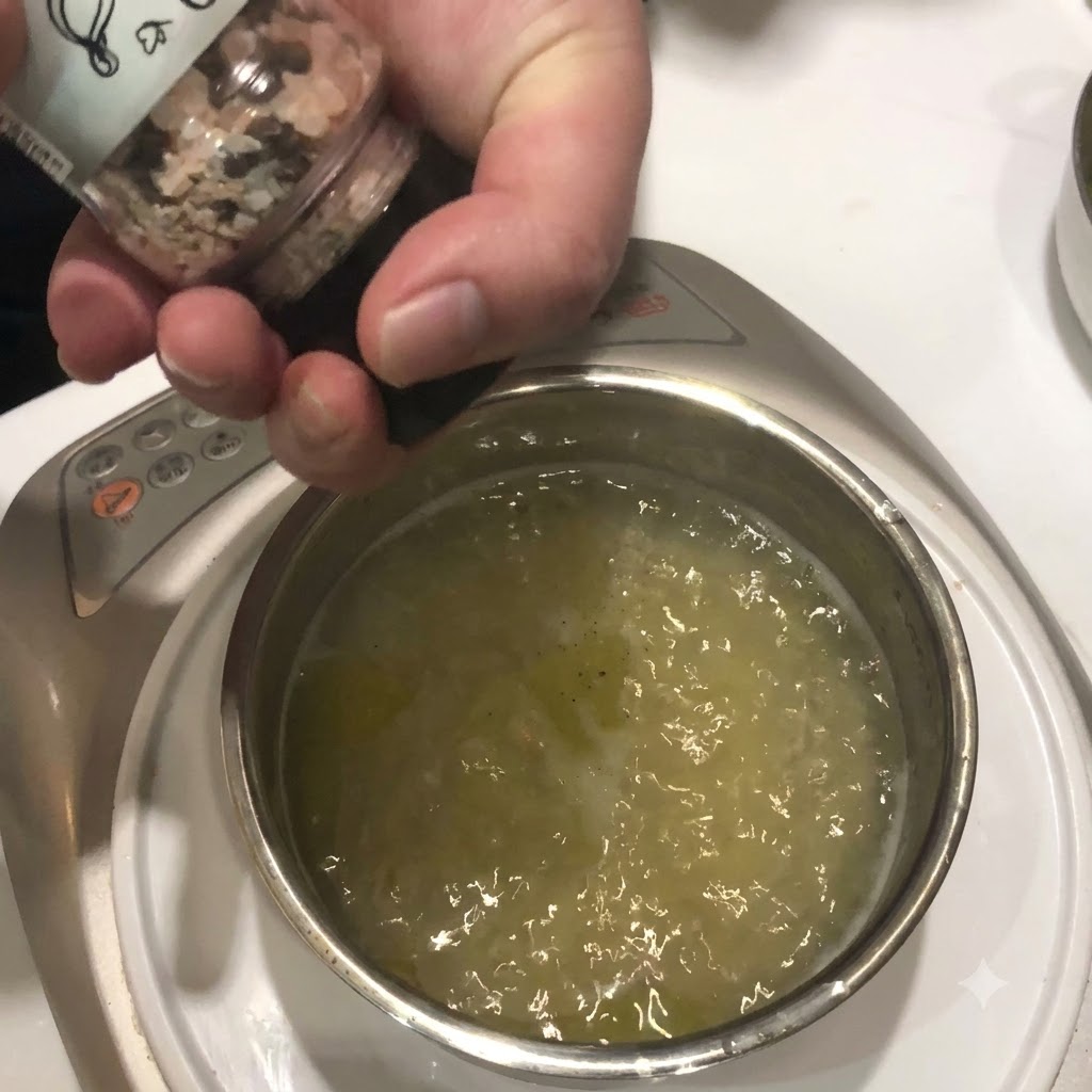 Sale e pepe nero sparsi in una pentola di acqua bollente per la pasta.