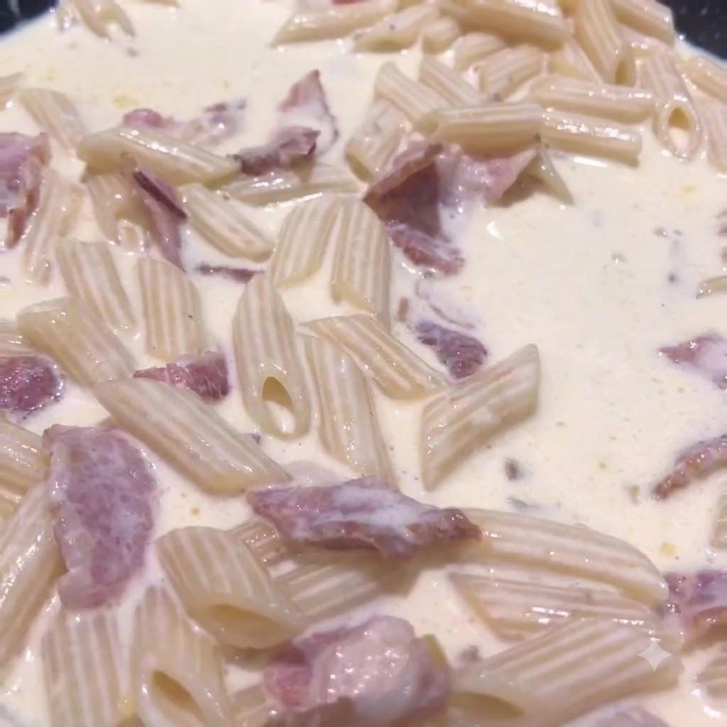 Vista ravvicinata di pasta penne che sobbolle in una salsa cremosa allinterno di una padella.