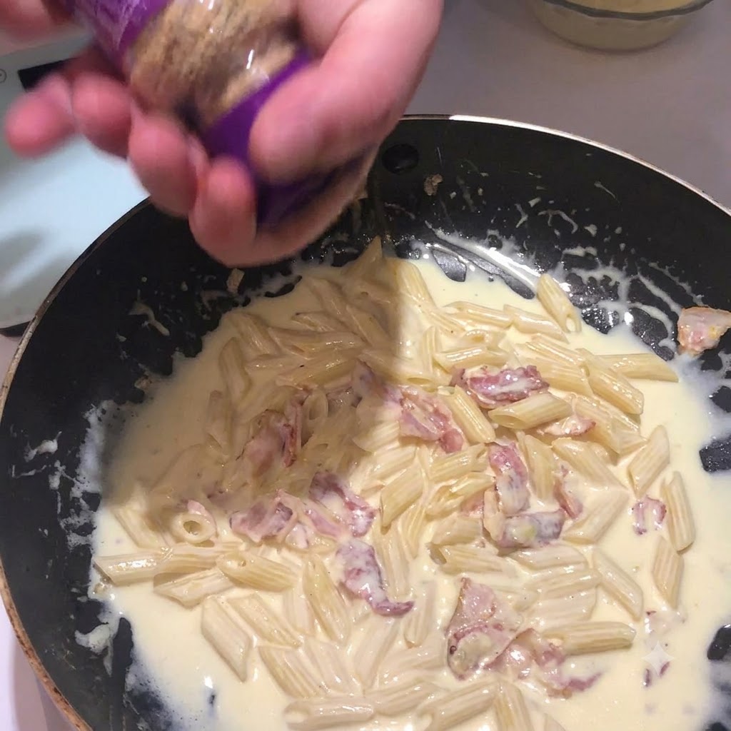Sale allaglio scosso da un contenitore sul composto di pasta cremosa in una padella.