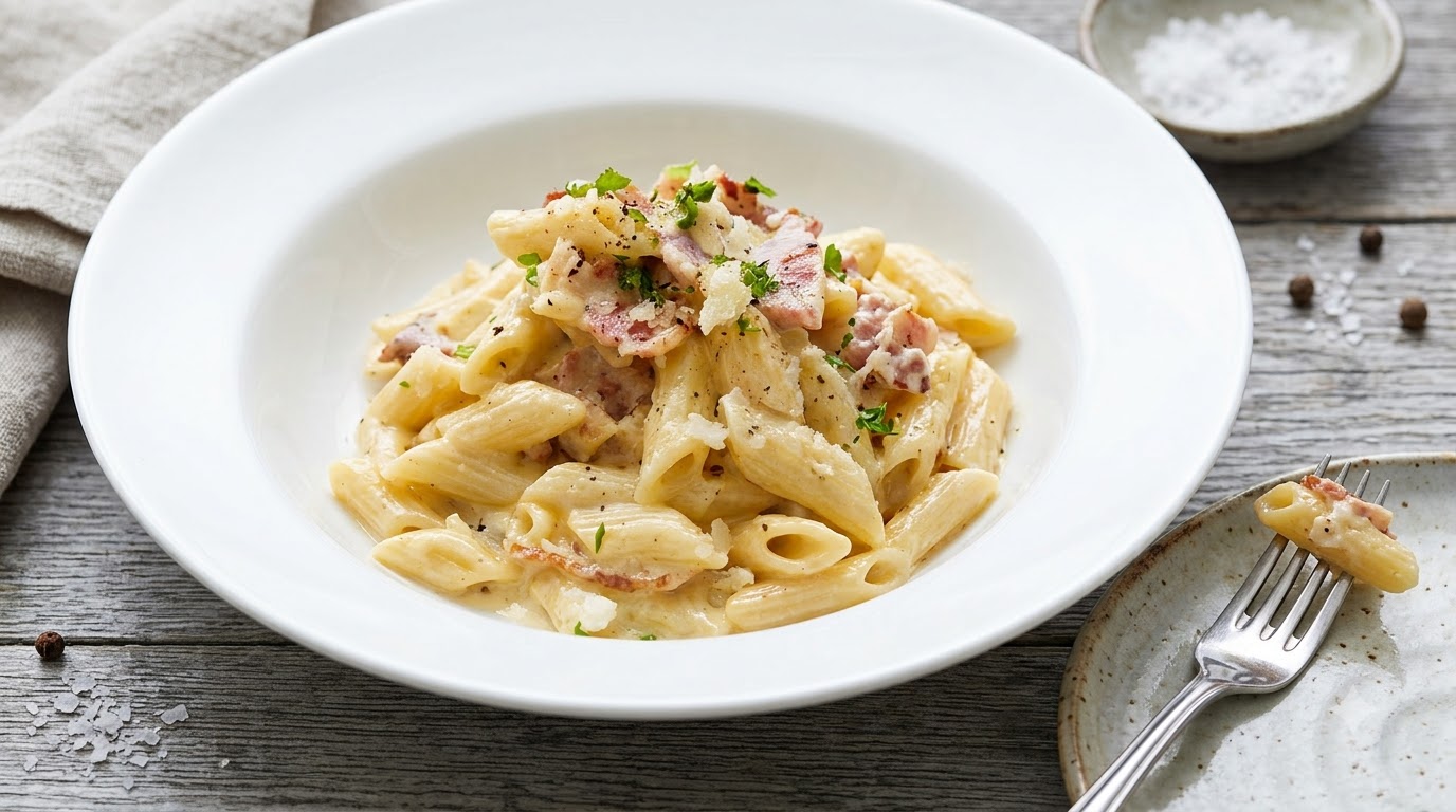 Una ciotola di pasta penne cremosa con pancetta guarnita con formaggio parmigiano grattugiato e prezzemolo fresco