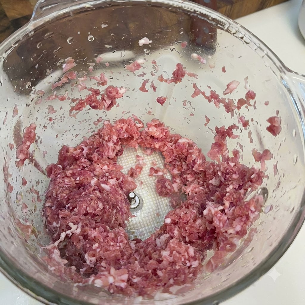 Pezzi di carne macinata di maiale o manzo caricati allinterno della ciotola di un robot da cucina in vetro.