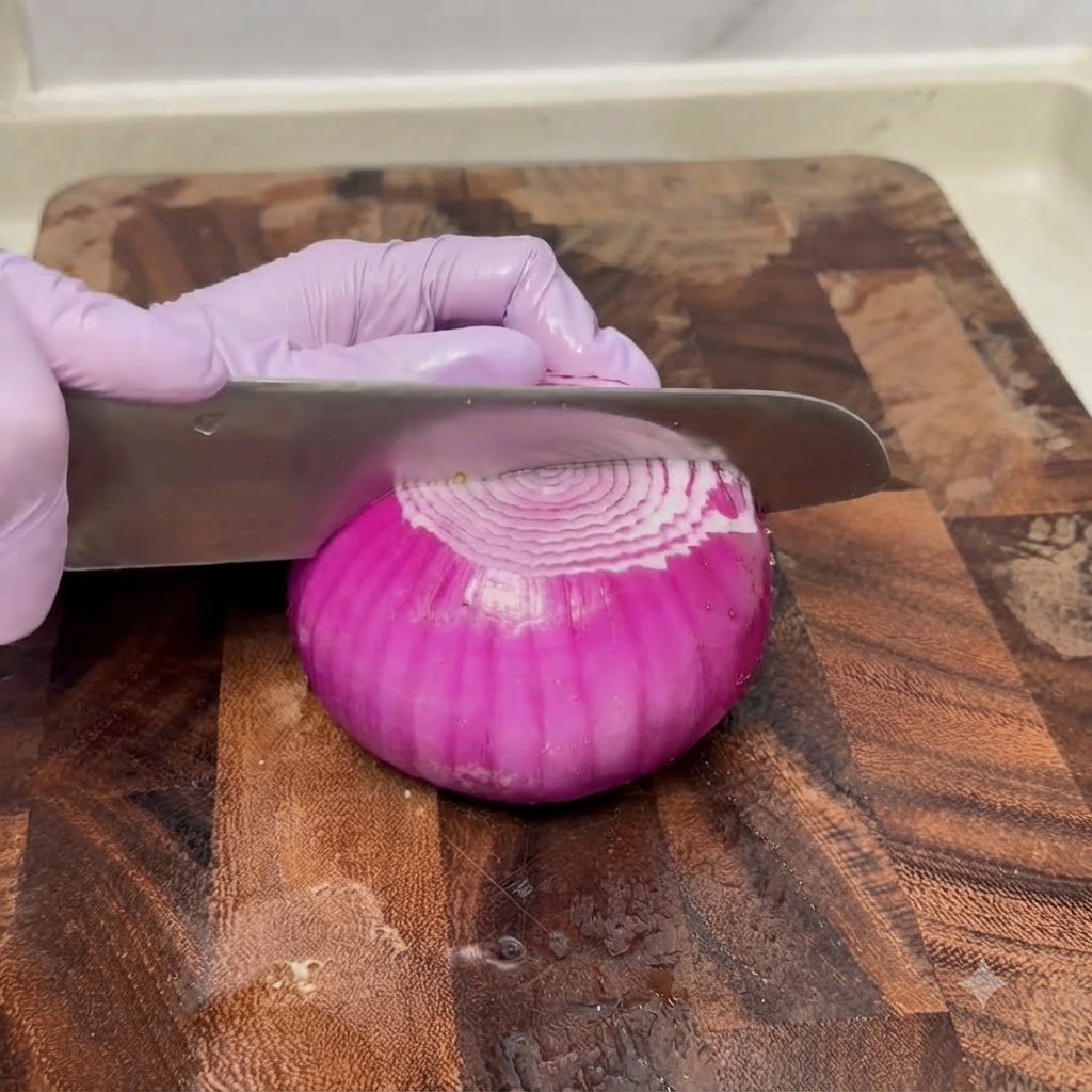 Una cipolla viola che viene tagliata con un coltello su un tagliere di legno.