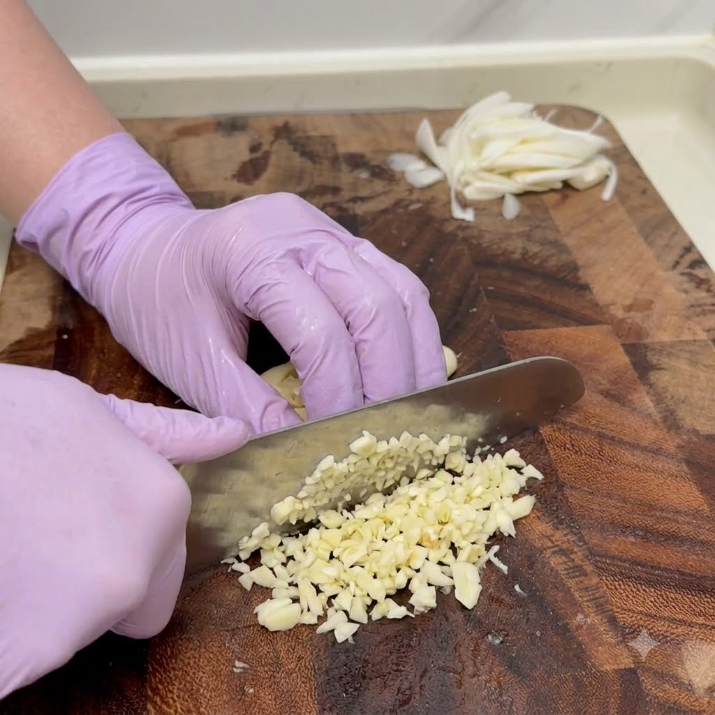 Spicchi daglio tritati finemente con un coltello su un tagliere accanto a cipolle affettate.