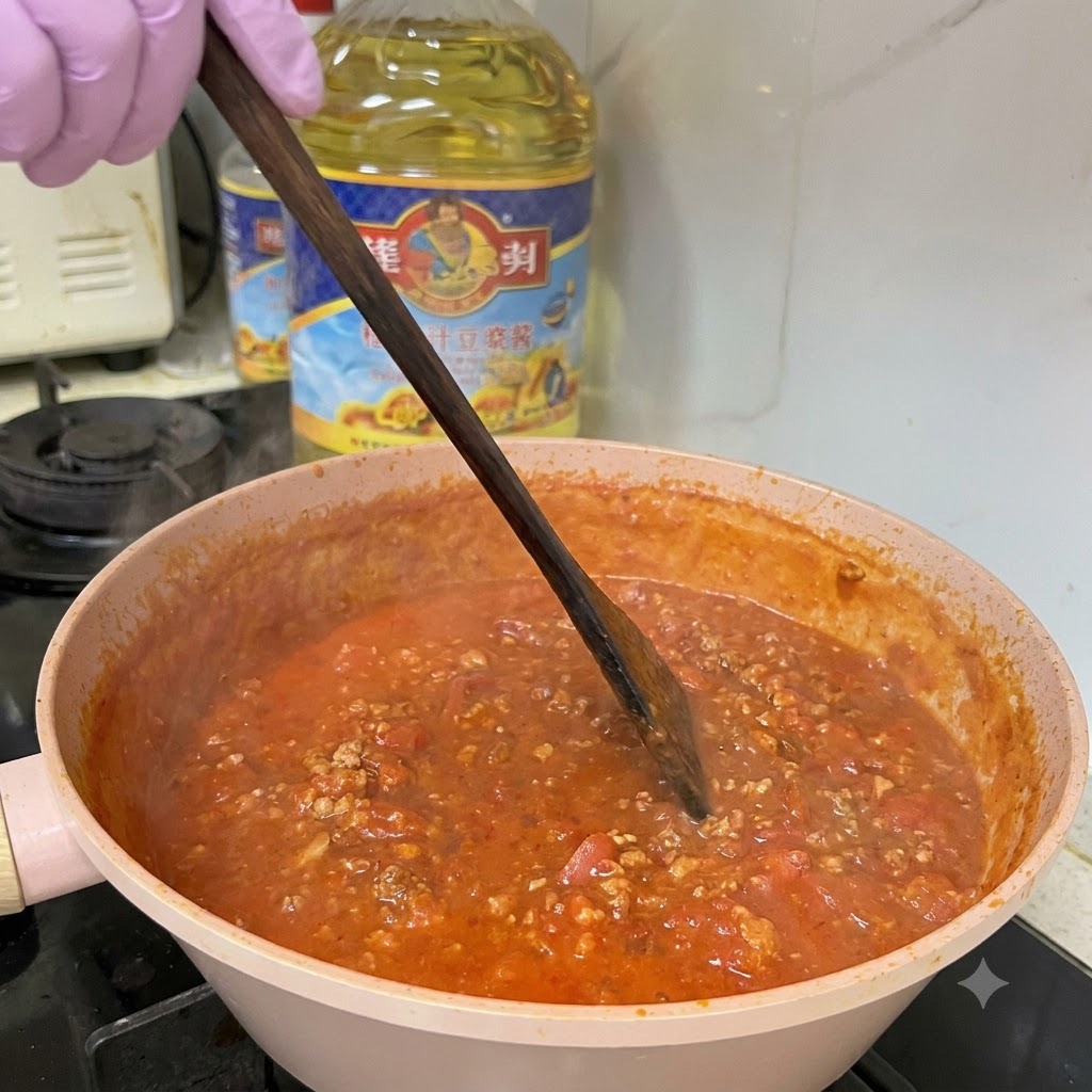 Carne macinata in cottura in una densa salsa di pomodoro e cipolla allinterno di una padella, mescolata con una spatola di legno.