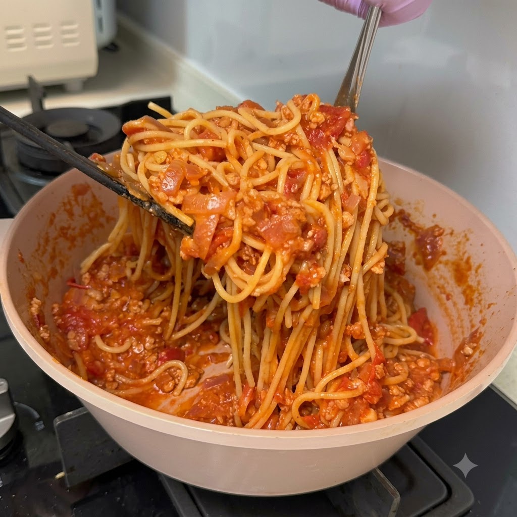 Spaghetti sollevati e mescolati in una densa salsa di carne e pomodoro allinterno di una padella.