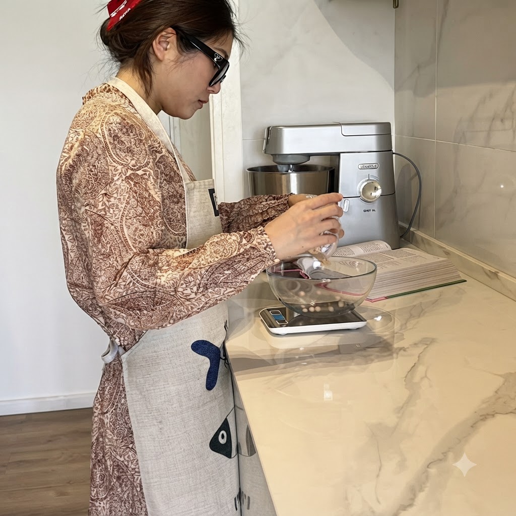 Una persona che versa i pinoli in una ciotola di vetro posizionata su una bilancia da cucina digitale.