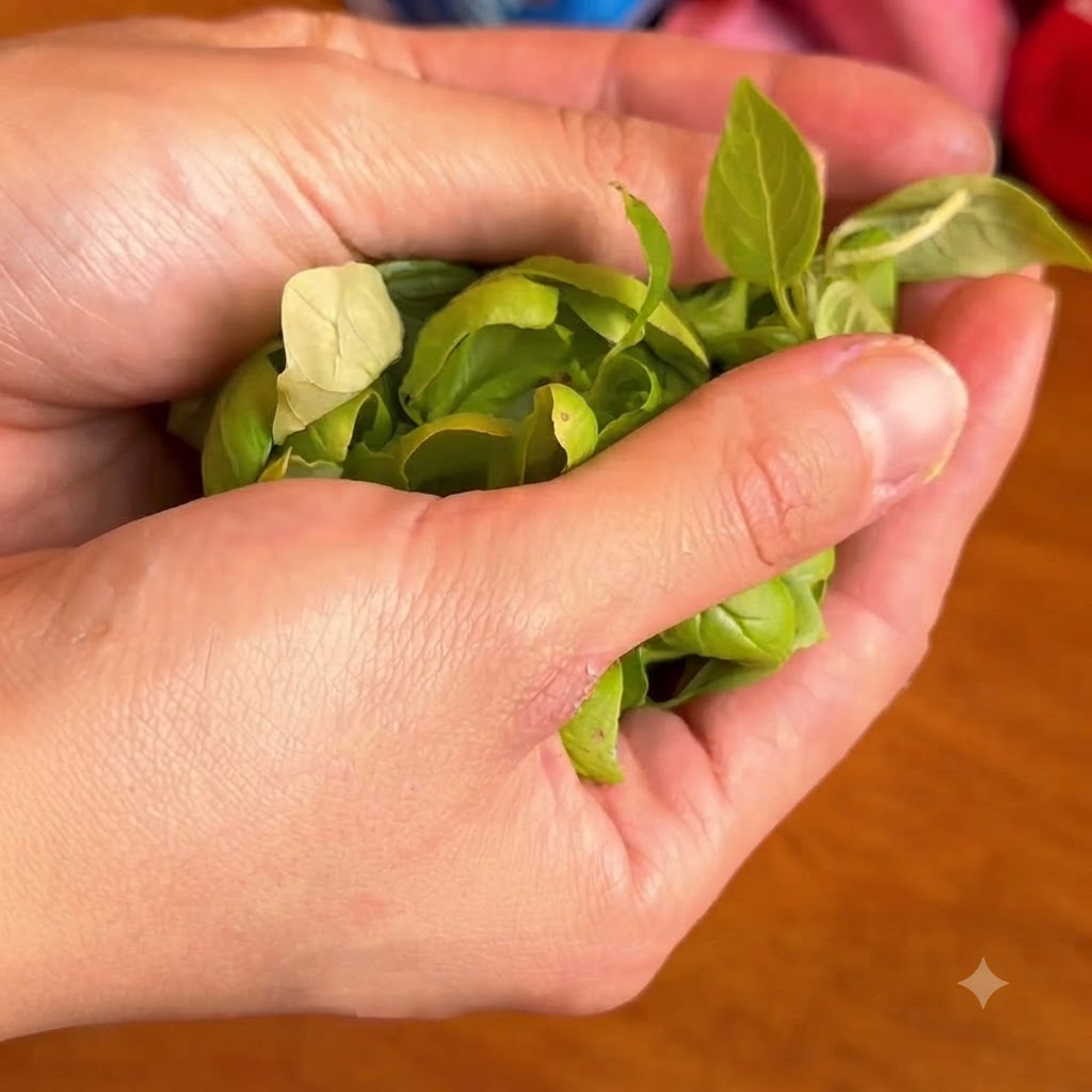 Primo piano di mani a coppa che stringono un mazzetto fresco di foglie di basilico verde brillante.