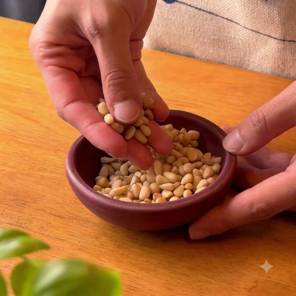 Mani che trasferiscono piccoli pinoli in una ciotola di terracotta scura su un tavolo di legno.