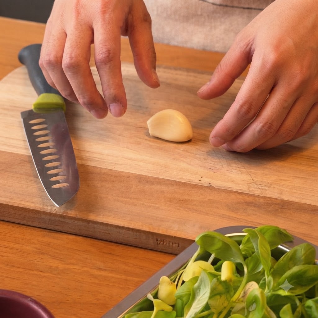 Uno spicchio daglio pelato appoggiato su un tagliere di legno vicino a un coltello da cucina.