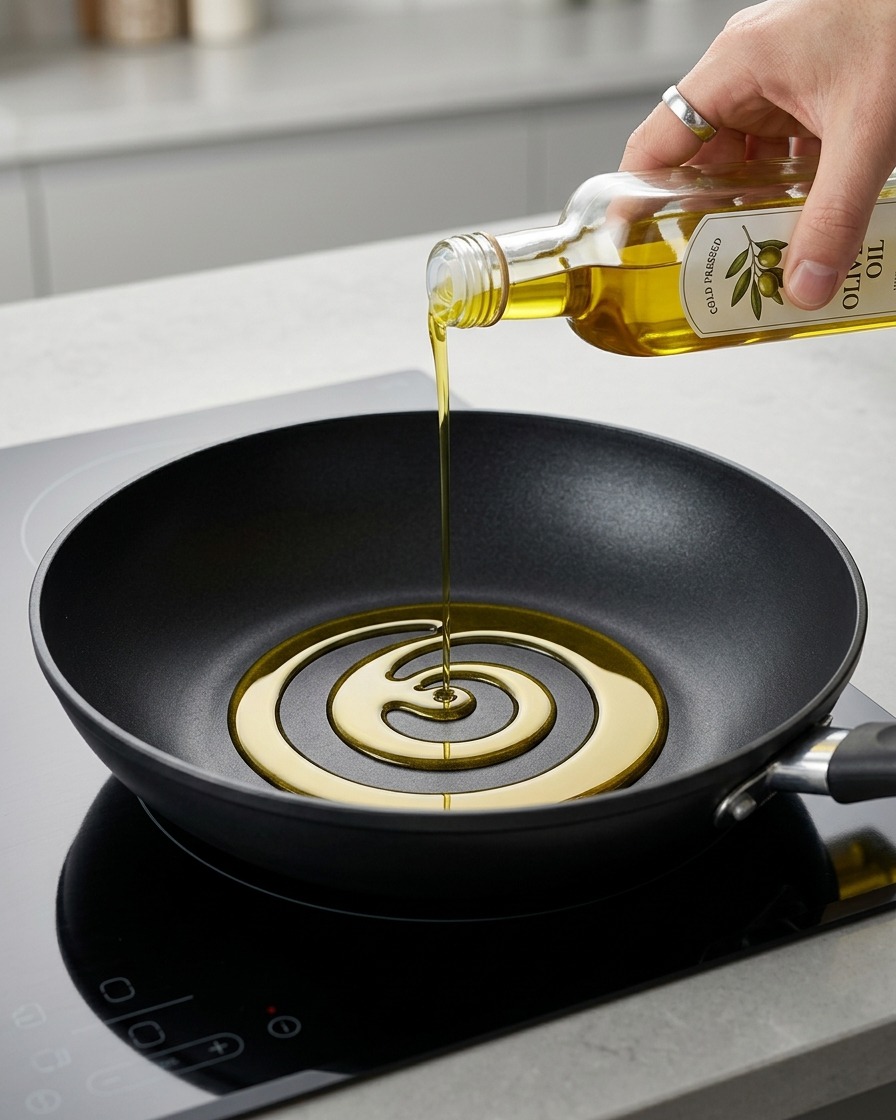 Olio doliva versato a spirale in una padella nera su un piano cottura.