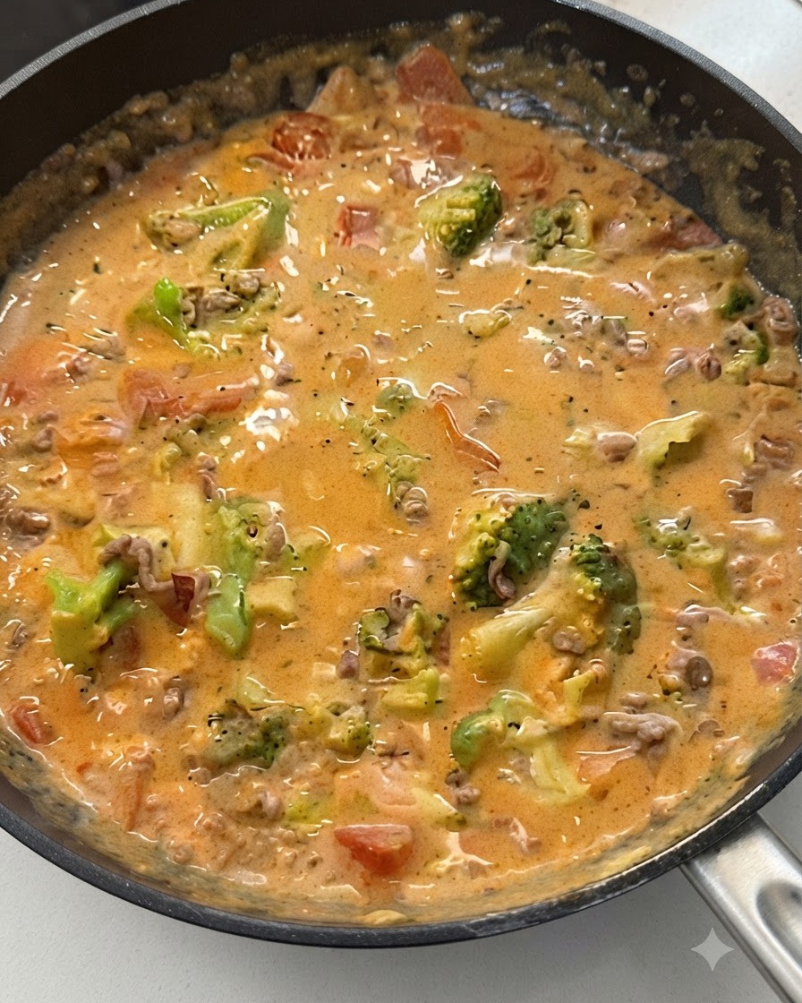 Una salsa ricca e cremosa di pomodoro e manzo mescolata con verdure allinterno di una padella.