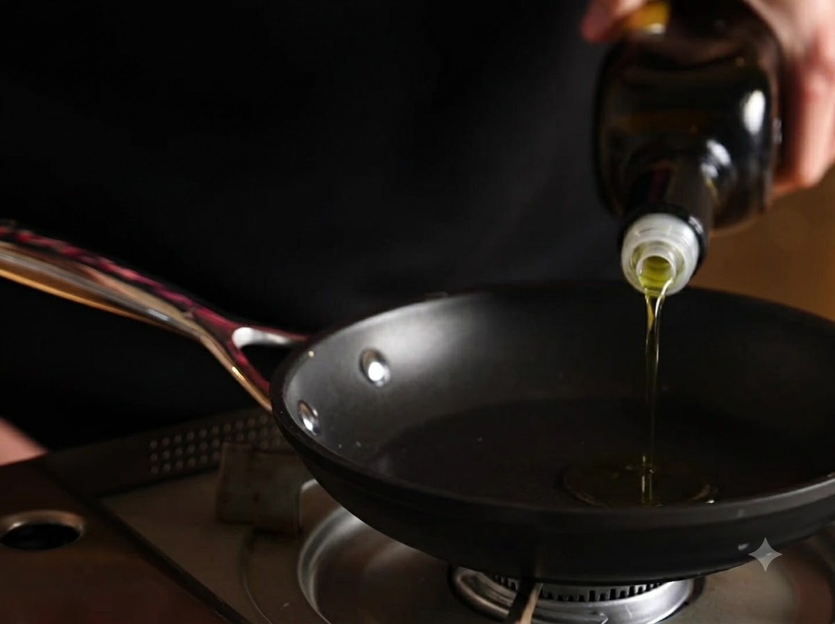Olio extravergine doliva versato da una bottiglia di vetro scuro in una piccola padella nera.