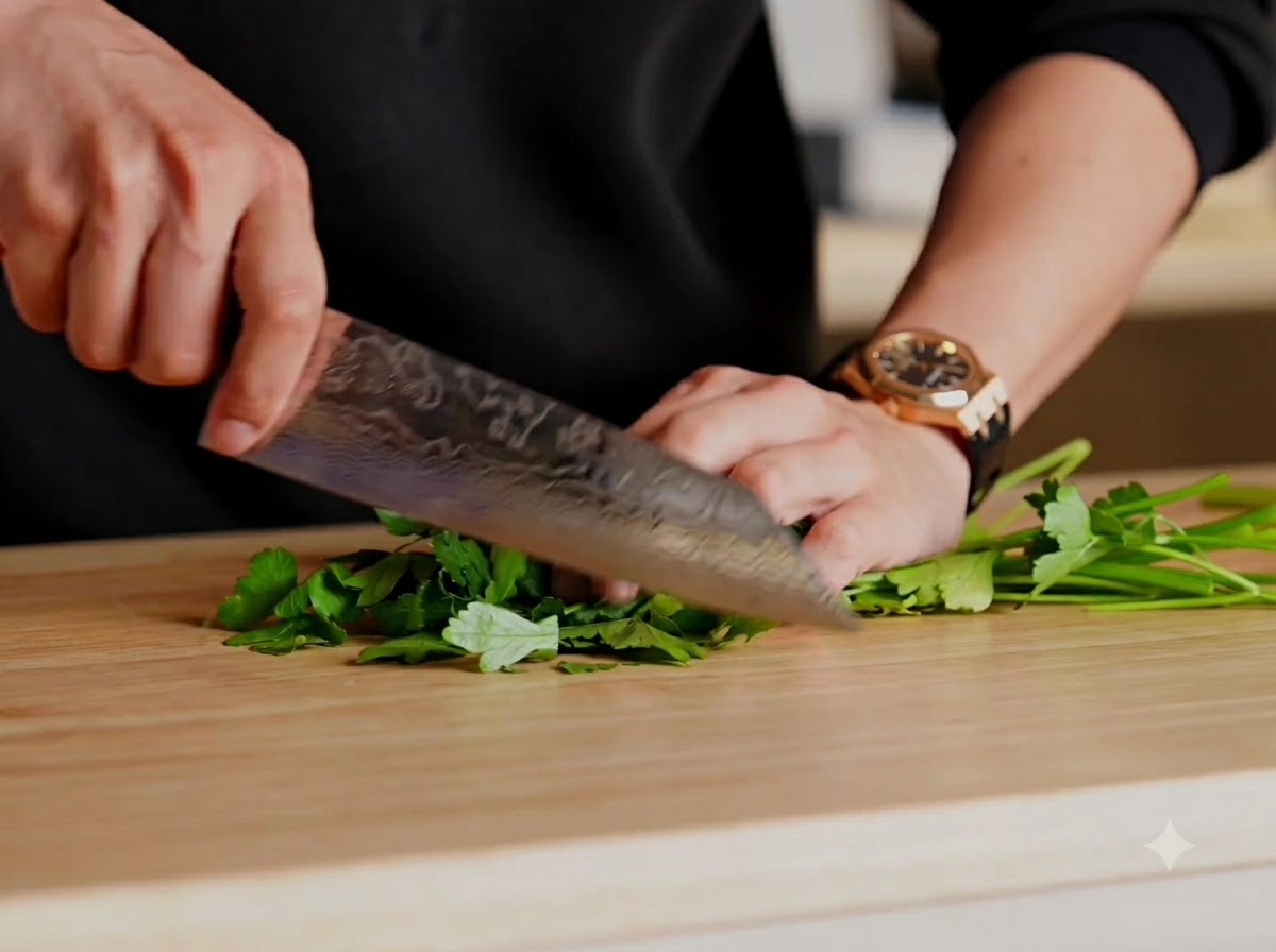 Una persona che usa un grosso coltello da cucina per tritare prezzemolo verde fresco su un tagliere di legno.