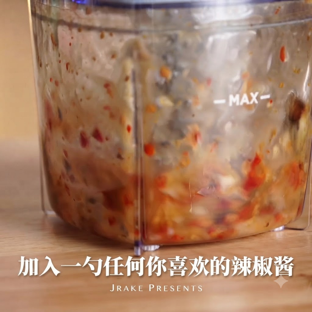 Salsa di peperoncino rosso aggiunta allinterno della tazza del frullatore.