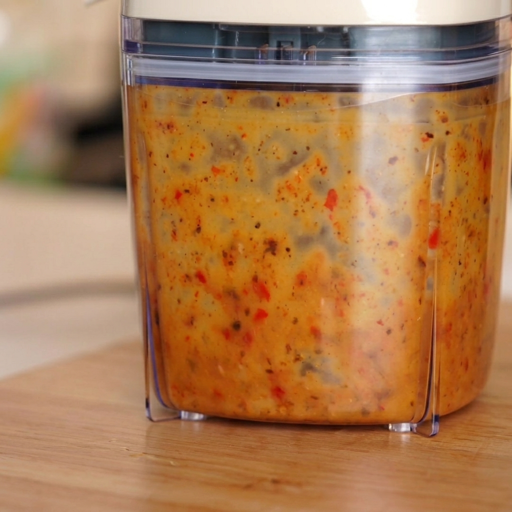 Una salsa giallo-arancione di aglio e peperoncino frullata ed emulsionata allinterno di un bicchiere del frullatore.