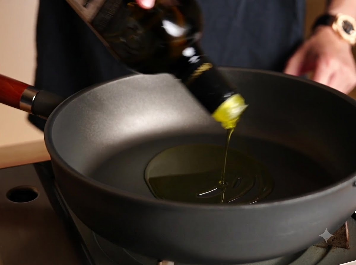 Olio extravergine doliva versato da una bottiglia in unampia padella nera.