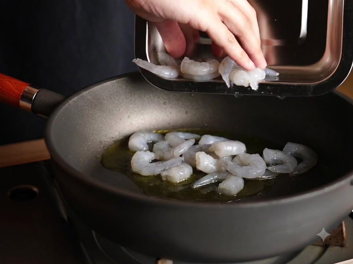 Gamberi crudi pelati posizionati in una padella con olio doliva riscaldato.