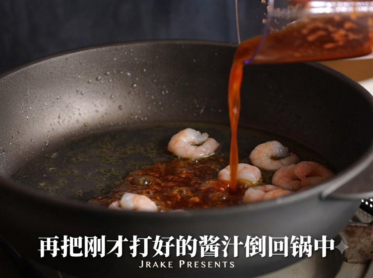 Salsa rossa di aglio e peperoncino versata da un contenitore nella padella con gamberi e brodo.